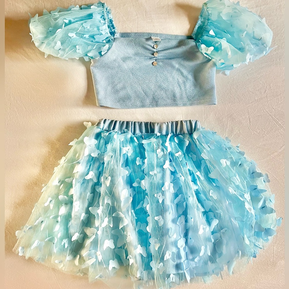 Girls’ SHEIN Appliques Butterfly Ruched Sweetheart Neck Crop Top & Skirt Size 10